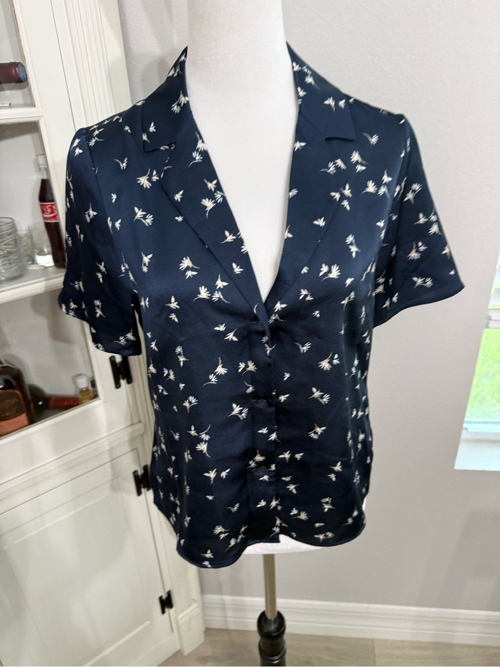 Halogen Navy Button-Front Short-Sleeve Top with White Floral Motif